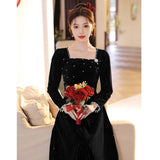 Black Velvet Evening Dress Bride Long-Sleeved Toast Suit 2026 New Summer Engagement Fashion Dress Dress Dress Woman HZ0517