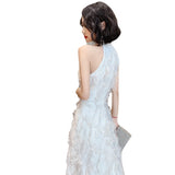 White Hanging Neck Dress Feather Design Temperament Banquet Birthday Fairy Dress Long Daily Dress HZ0517