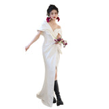 One-Word Shoulder-Sense Lint-Light Wedding Dress French High-Sensing White Temperament Fishtail Skirt Linen Welcome To Shoot Out Light Yarn HZ0517