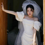 French Light Wedding Dress 2026 New Bridal Temperament Simple Out Of The Yarn Small Word Shoulder-To-Shoulder-Style White Dress HZ0517