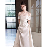 Light Wedding Dress Bridal 2026 New French Style Denswear Simple One-Word Engagement Dress Dress Light Luxury Niche HZ0517