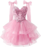 Layered Tulle Back To School Dress Sparkling Lace Decals Bow Strap Teen Short Prom Dress HZ0517