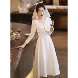 White Dress 2026 Summer Can Usually Wear The French Registration License Small White Dress Banquet Long V Collar Evening Dress HZ0517