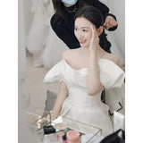 White Dingy Light Wedding Dress French Bride Simple Welcome Door Yarn Shoulder Sexy Open Fork Engagement Dress HZ0517