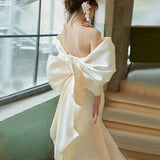 French Light Wedding Bridal Temperament Vertede Face Shoulder Bow Bows Fishtail Linen Tail Tugging Travel Dress HZ0517