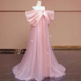One-Word Shoulder Pink Morning Gown Woman Super Xiansen Bow Bridal Engagement Dress Dress High-End Light Luxury Adult Dress HZ0517
