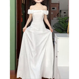 French One-Word Shoulder Niche Evening Dress White Dress Light Birthday Dress Temperament Light Wedding Dress HZ0517