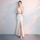White Feather Hanging Neck Dress Fashion Atmosphere Thin Tug Dress 2026 Students Graduate Performance Choral Suit HZ0517