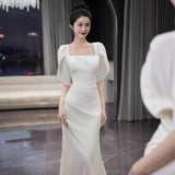 Fish-Tailed Linden Noodles Simple Korean Sen Super Fairy Engagement Dress White Square Collar Out Yarn Coated Arms HZ0517