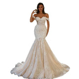 One-Word Shoulder Wedding Dress French Fish Tail 2026 Spring New Thin Temperament Lace Light Wedding Dress HZ0517