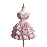 One-Word Shoulder Girl Pink Bow Flower Moss Exquisite Gorgeous Pink Fasun Sweet Evening Dress HZ0517