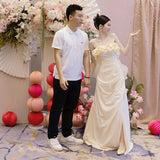Brased Light Wedding Dress With Thin Travel Pat Light Yarn Morning Dress Bridal Engagement Toast Dress Evening Dress HZ0517