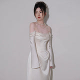 French Long-Sleeved Light Wedding Dress Word Shoulder High-End Feeld Blinded Small White Engagement Evening Dress Temperament Simple Daily HZ0517