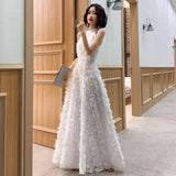 White Hanging Neck Dress Feather Design Temperament Banquet Birthday Fairy Dress Long Daily Dress HZ0517