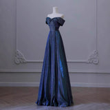 One-Word Shoulder Blue Evening Dress High-End Light Luxury Small Girl Host Birthday Adult Gift Student Graduation Performance Suit HZ0517