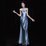 Blue Evening Dress New High-End Heavy Industry Annual Conference Host Art Piano Performance Birthday Banquet Long Temperament HZ0517