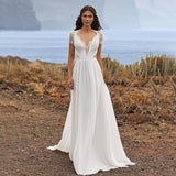 Wedding Dress Elegant Chiffon Beach Dress Lace Short-Sleeved A-Word Dress HZ0517