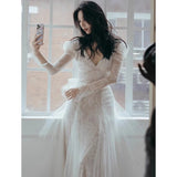 Long-Sleeved French Light Wedding Dress 2026 Spring New Lace V-Neck Yarn Bride Welcome Engagement Dress HZ0517