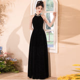 Black Hanging Neck Retro Evening Dress Slimming Host Long Dress Dress Dress Banquet High Sense Of Light Luxury HZ0517