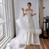 The Linden Shoulder Wedding Dress 2026 New Bride Simply Welcome Out Of The Long Yarn Long Open Fork Thin And Light Wedding Dress HZ0517