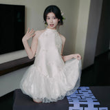 French Hanging Neck Light Wedding Dress Cute Sweet Breeze Morning Robe Certificate Registration Small White Dress Engagement Bridal Dress HZ0517