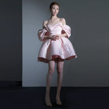 Pink Shoulder Short Birthday Party Dress Light Sweet Banquet Evening Dress Bubble Sleeves Of A Short Skirt HZ0517