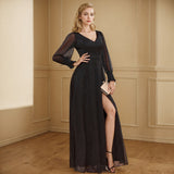 New Long Perspective Sleeve Splicing Long Skirt V-Neck High Open Fork Big A Shiny Full-Lined Quality Evening Dress HZ0517
