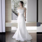 French One-Word Shoulder Light Wedding Dress Bride Super Xiansen Tie Door Yarn Simple Temperament White Dress Fishtail Welcome Yarn HZ0517