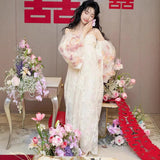 New Chinese Morning Dress Woman Sen Line Super Fairy Three-Dimensional Flower Net Foam Sleeve Corset Corset Party Evening Dress Winter HZ0517