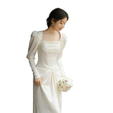 Korean Denoodle Light Wedding Dress White Simple Long Sleeve Yarn Bridal Temperament Fishtail Thin Evening Dress Woman HZ0517