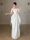 French Word Shoulder Light Wedding Dress Small Simple White Engagement Dress Temperament Welcome Bride Morning Robe Yarn HZ0517