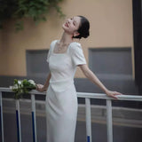 French Style Collar Short Sleeves Light Wedding Dress Dress Dress Bride Engagement Back Door Small Dress To Get A Little White Dress HZ0517