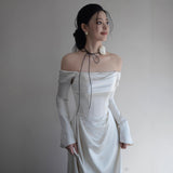 French Long-Sleeved Light Wedding Dress Bride Autumn And Winter Fasing Simple High-End Feeling Shoulder Yarn Engagement Dress HZ0517