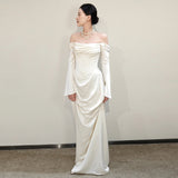 French Long-Sleeved Light Wedding Dress Word Shoulder High-End Feeld Blinded Small White Engagement Evening Dress Temperament Simple Daily HZ0517