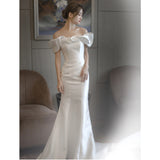 One-Word Shoulder French Light Wedding Dress Vertiny Simple 2026 New Fish Tail White Thin Welcome Tail Yarn HZ0517