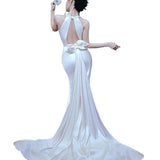 Hanging Neck Bare Back Sleeveless Dress Card Small White Dress Wedding Dress Light Small Small Tail French Light Wedding Dress HZ0517