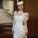French Light Wedding Dress 2026 New Fishtail Thin Bride Welcome Yarn Temperament Long-Sleeved Evening Dress HZ0517