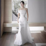 French One-Word Shoulder Light Wedding Dress Bride Super Xiansen Tie Door Yarn Simple Temperament White Dress Fishtail Welcome Yarn HZ0517