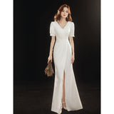 White Evening Dress Light Luxury Niche Banquet Temperament Can Usually Wear Sexy Fish Tail Certificate Registration Small White Dress Dress HZ0517