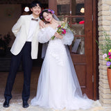 French High-End Lace Wedding Dress Long Sleeve Cover Arm Sen Series Super Fairy Shoulder Yarn Bride Wedding Dress Dress HZ0517
