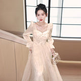 French Champagne Evening Dress 2026 New Light Luxury Temperament Annual Art Dress Adult Ceremony Banquet Princess Dress HZ0517