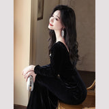 Black Velvet Evening Dress Woman 2026 New High-Level High-Level Banquet Temperament Famous Fishtail Skirt HZ0517