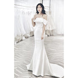 One-Word Shoulder Sexy Bare-Backed Stern Face Light Wedding Dress Simple Atmosphere Small Drag-Tailed Thin Fishtail Bride Wedding Evening Dress HZ0517