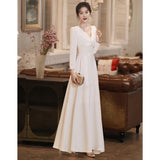 White Dress 2026 Summer Can Usually Wear The French Registration License Small White Dress Banquet Long V Collar Evening Dress HZ0517