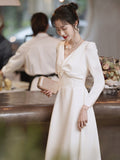 White Dress 2026 Summer Can Usually Wear The French Registration License Small White Dress Banquet Long V Collar Evening Dress HZ0517