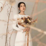 French Light Wedding Dress Long Sleeve Temperament Thin Bride Go Out Yarn White Fascling Long Evening Dress HZ0517