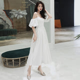 White Dress Woman 2026 New Banquet Temperament Long Dress Party Shoulder Brag Evening Dress HZ0517