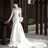 One-Word Shoulder Long-Sleeved Light Wedding Dress Yarn Main Yarn High-End Light Luxury Go Out Yarn French Big Tail Bride Wedding Dress HZ0517