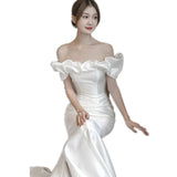 One-Word Shoulder French Light Wedding Dress Vertiny Simple 2026 New Fish Tail White Thin Welcome Tail Yarn HZ0517