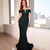 Women Evening Dress Sequin Temperament Pure Color One-Word Collar Temperament Solid Color Banquet Dress Evening Dress HZ0517